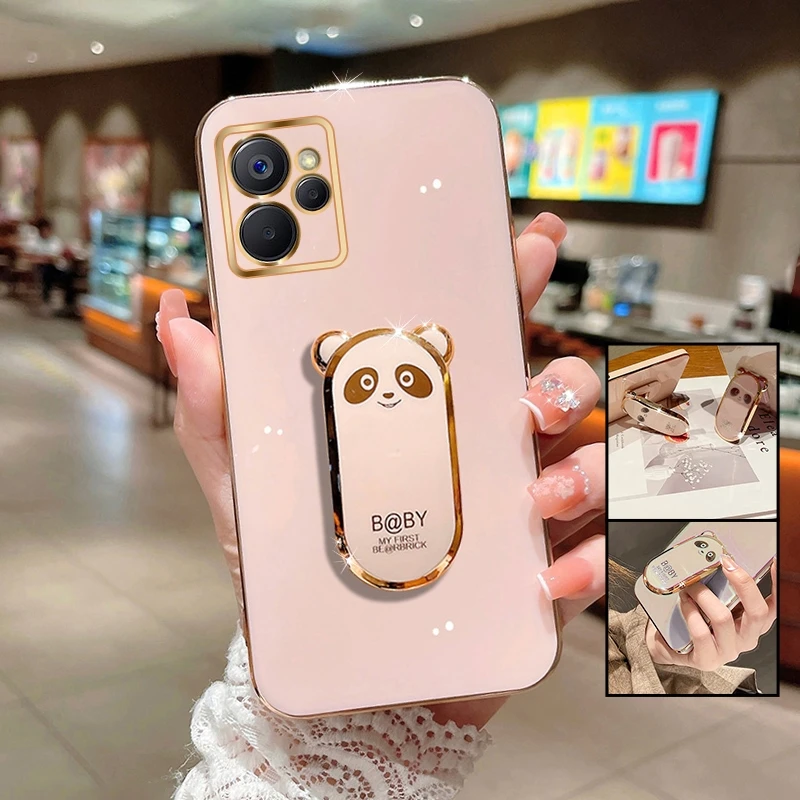 

Case for Realme 9 9i 8i 8 7 7i 6 6i 5 5S 5i 2 3 Pro Plus Pro+ 5G Ultra Cute Panda Holder Plating Silicone Soft Cover Capa Fundas