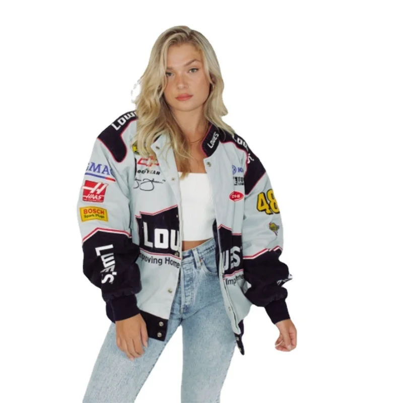 Autumn Winter Print Racing Plus Size Parkas Jacket Coat Women Casual Zipper Long Sleeve Black Vintage Men Bomber Jackets