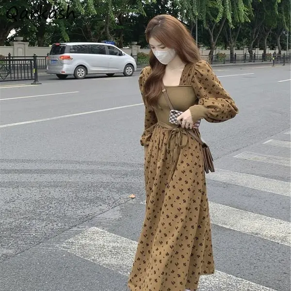 

Женские кружевные платья в Корейском стиле, милые винтажные облегающие платья средней длины с квадратным вырезом и цветочным принтом в стиле преппи, новинка, модная уличная одежда в стиле ольччан, осень