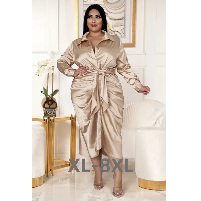 Plus Size Women Elegant Shirt Dress Long Sleeve Loose Belt Pleated Midi Dresses for Lady Casual Fashion r 3xl 4xl 5xl 6xl