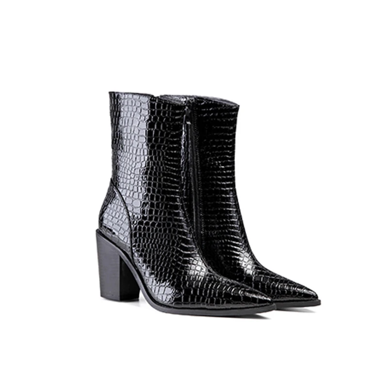 2022 Women Wedge Chunky High Heels Boots Patent Leather Cowboy Ankle Boots Snake Print Western Cowgirl Boots Female Plus Size