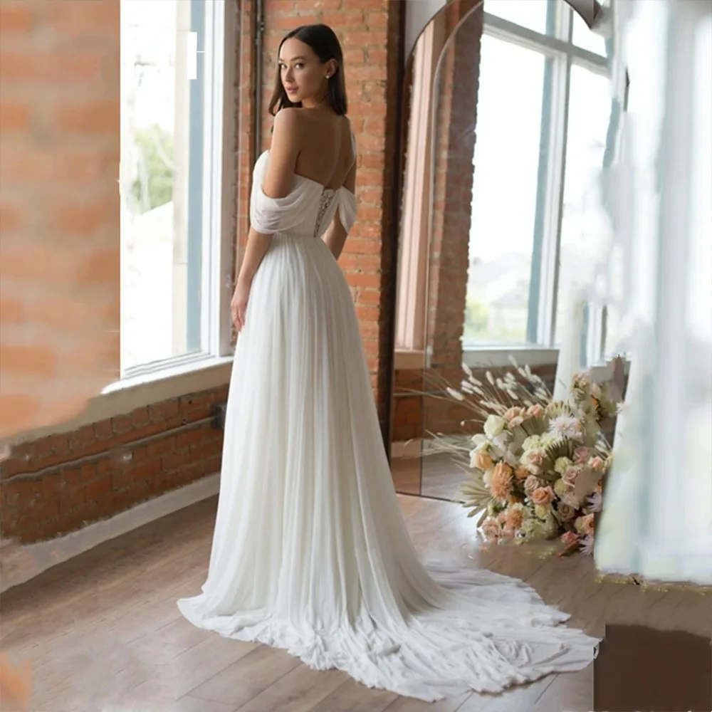 

Elegant Ivory Chiffon Wedding Dresses A Line Lace Appliques Ruched Sleeveless Bridal Gowns With Sweep Train Vestidos De Novia