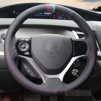 customized suede alcanta black genuine leather car steering wheel cover wrap for honda civic civic 9 2012 2015