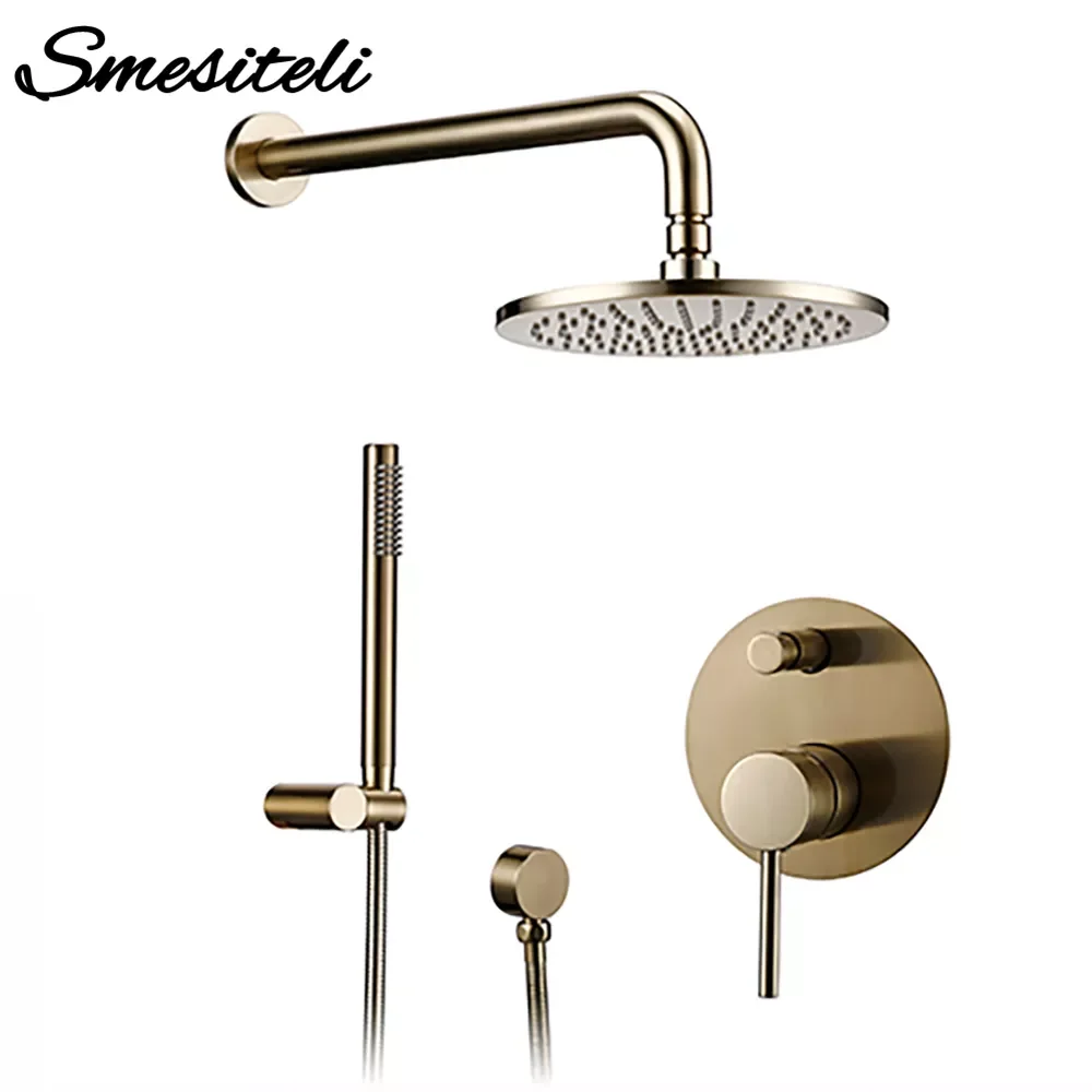 

Bathroom Shower System Set Bath Faucet Brass Diverter Mixer Tap Brushed Gold Rain Fall Valve Kit Hand Held 8-12" Head Wall Arm