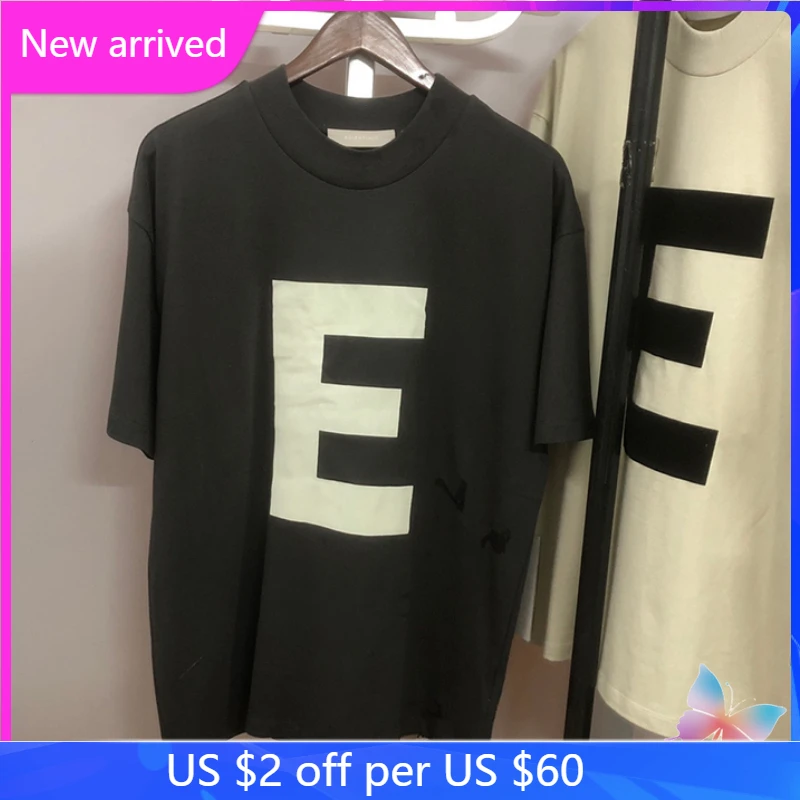 

Double Line ESSENTIALS Tshirts High Street E Word Flocking Summer New Men Women Loose Short-sleeved Tees