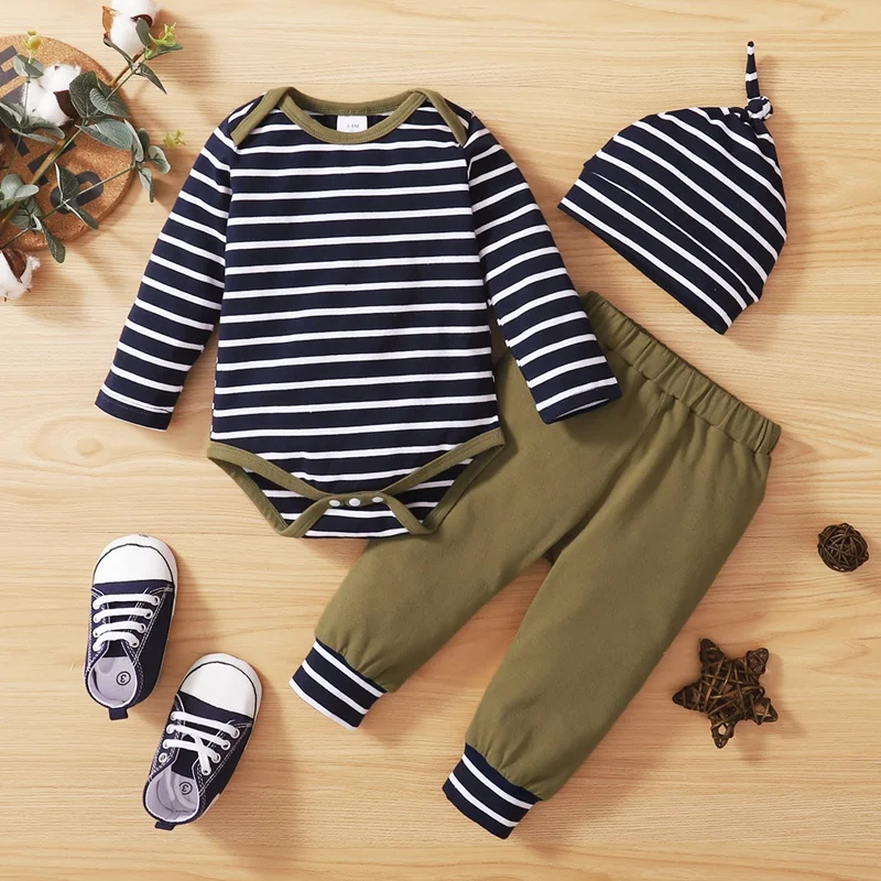 

Baby Outfits Striped Playsui Long Pant Hat 3pcs Sets Infant Toddler Newborn Boys Autumn Baby Boy Long Sleeve Romper Pants 0-24M