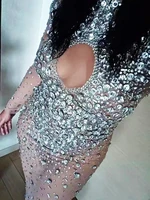 flashing silver crystals stones sexy transparent long dress evening birthday celebrate mesh stretch dance long sleeves dress