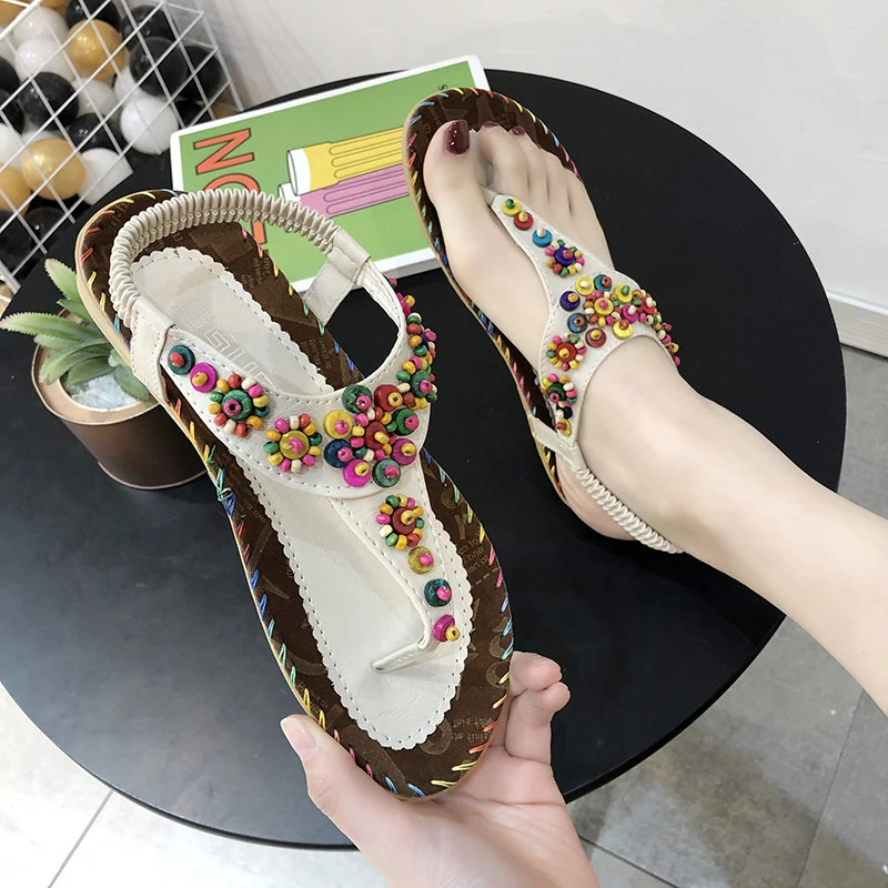 

Women's Sandals Bohemian T-tied Low Heels Clip Toe Sandalias Ladies Non-slip Ankle Strap Summer New Beach Casual Shoes Size 43