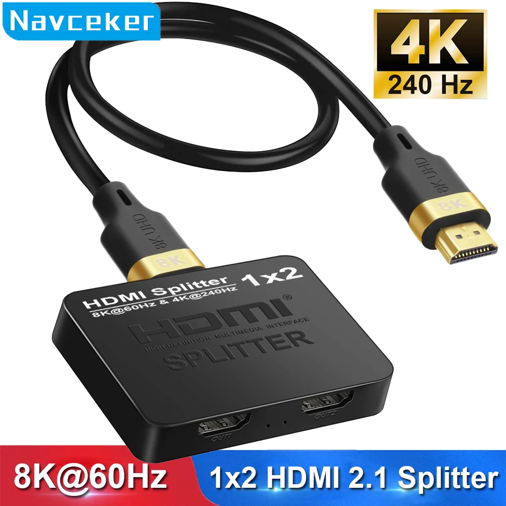 Фото Navceker 1x2 4K 240 Гц HDMI-сплиттер 8K 1 вход 2 выход HDMI 2.1 байпасный распределитель для двух экранов, ПК, проектора, ноутбука, PS5 №1