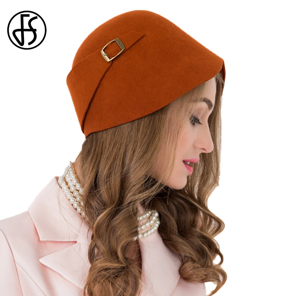 

FS 100% Wool Felt Fedoras Vintage Orange Cloche Hat Wide Brim Bowler Cap Winter Ladies Elegant Church Black Floppy Millinery