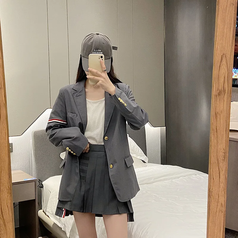 High Quality TB Armband Webbing Suit Women Loose Show Slim Sleeves Gold Button Suit British Style Lapel Casual Jacket Trend