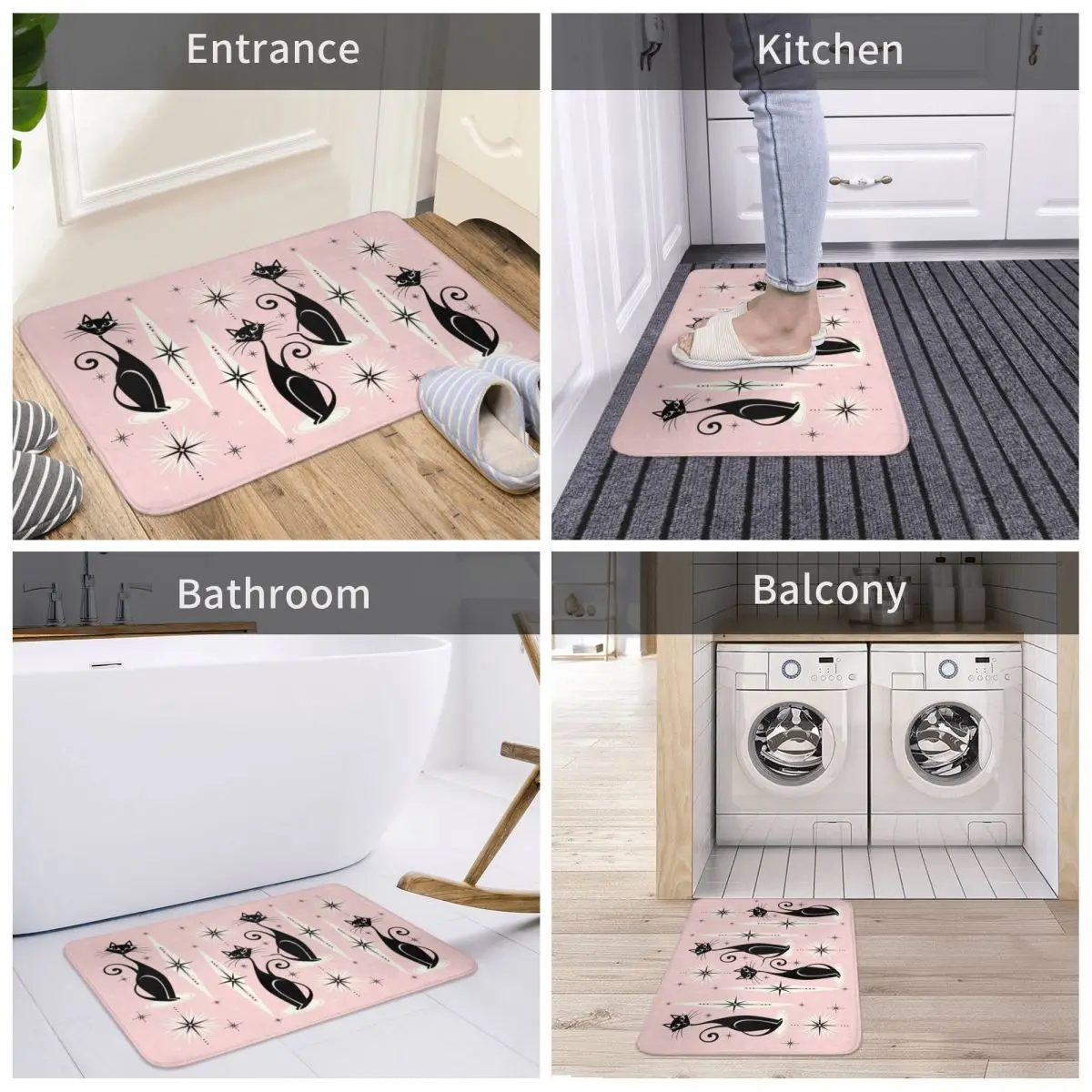 

Mid Century Meow Retro Atomic Cats LG Bath Mat Decor 3D Rug Carpet Doormat Non-slip Entrance Living Room Home Kitchen Bathroom