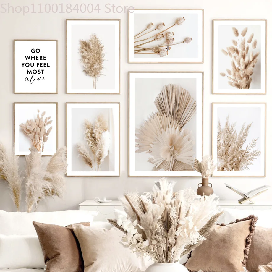 

Beige Bunny Tail Grass Reed Flower Leaf Wall Art Nordic Posters Canvas Painting And Prints Wall Pictures For Living Room Decor