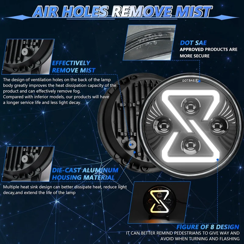 7-дюймовая круглая светодиодная фара 200 Вт 30000LM с желтыми ангельскими глазами для