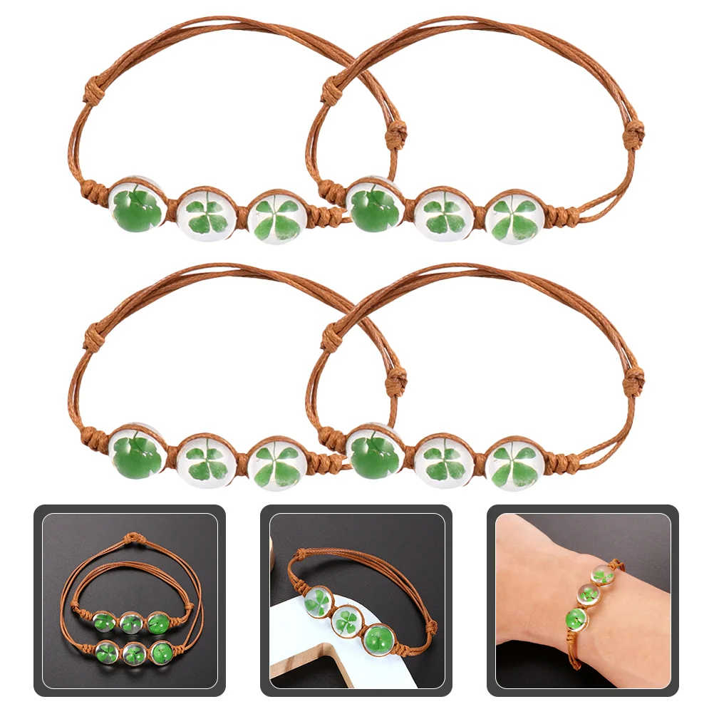 

4 Pcs Braided Bracelet Green Bracelets Thread Bracelet Dried Flowers Rope Bracelet Crystal Specimen Jewelry Miss