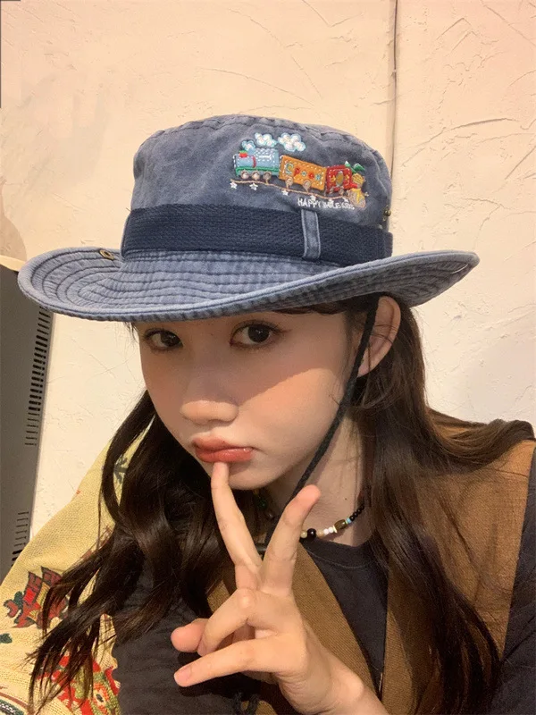 

Japanese Train Embroidered Washed Used Fisherman Hat, Versatile Casual Work Clothes Style Mountaineering