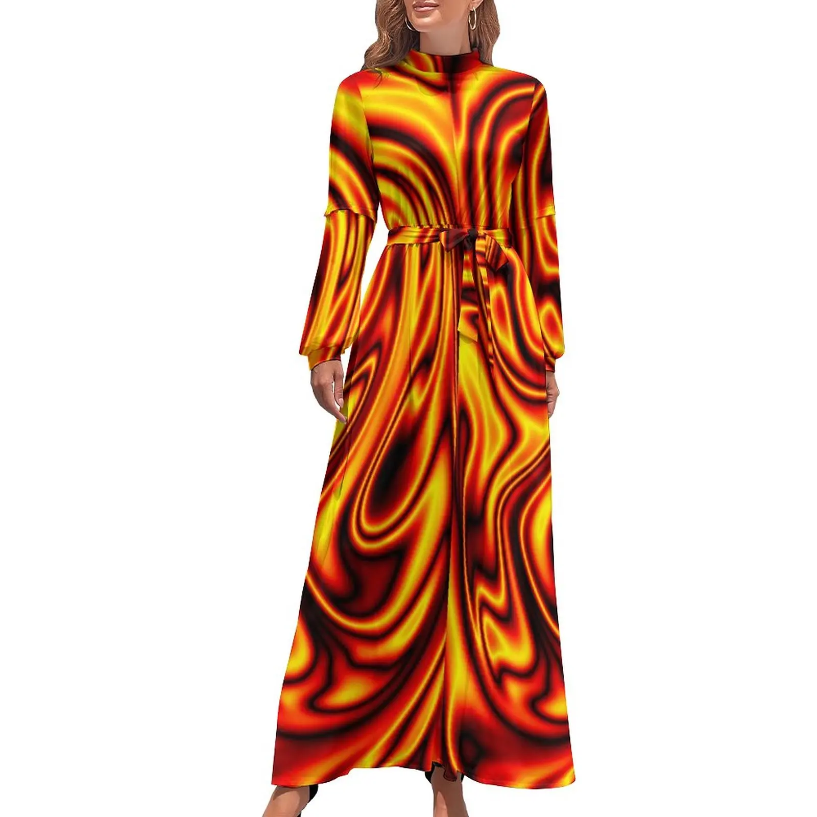 

Thin Black Line Dress Fireball Print Aesthetic Bohemia Dresses Woman Long Sleeve High Neck Sexy Long Maxi Dress