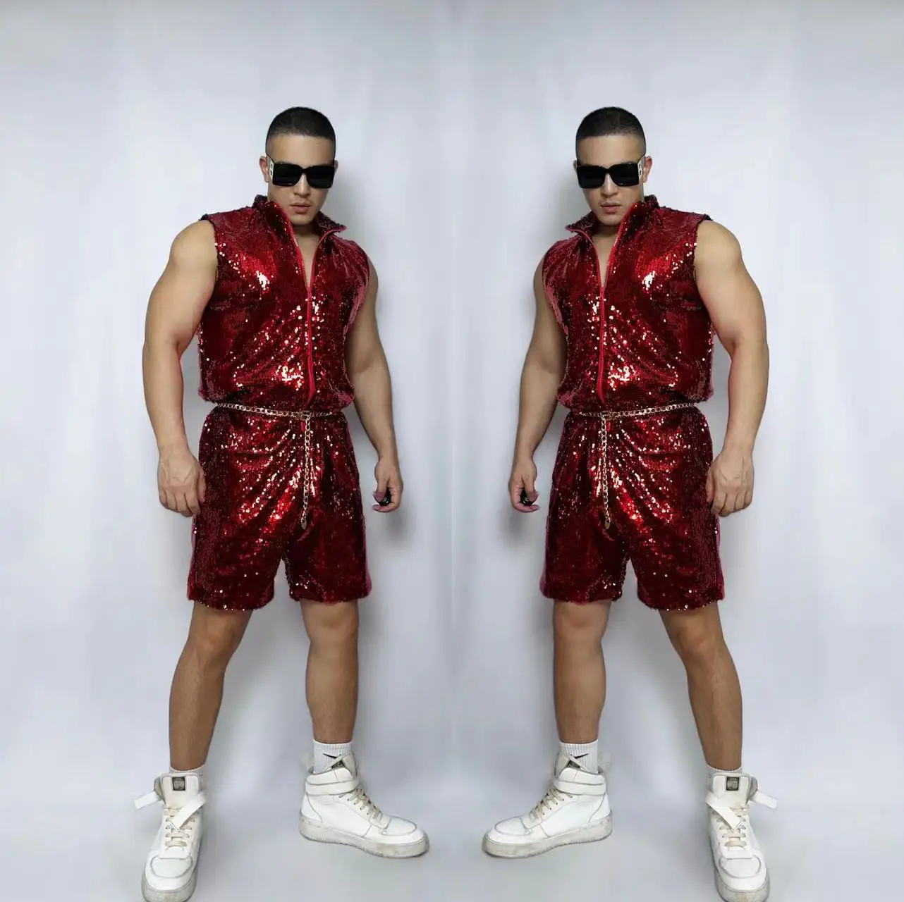 Hip Hop Overalls Glitter Sequins Sleeveless Jumpsuit Jazz Dance Stage Wear Nightclub Bar Men Women Gogo Dance Costume Clubwear