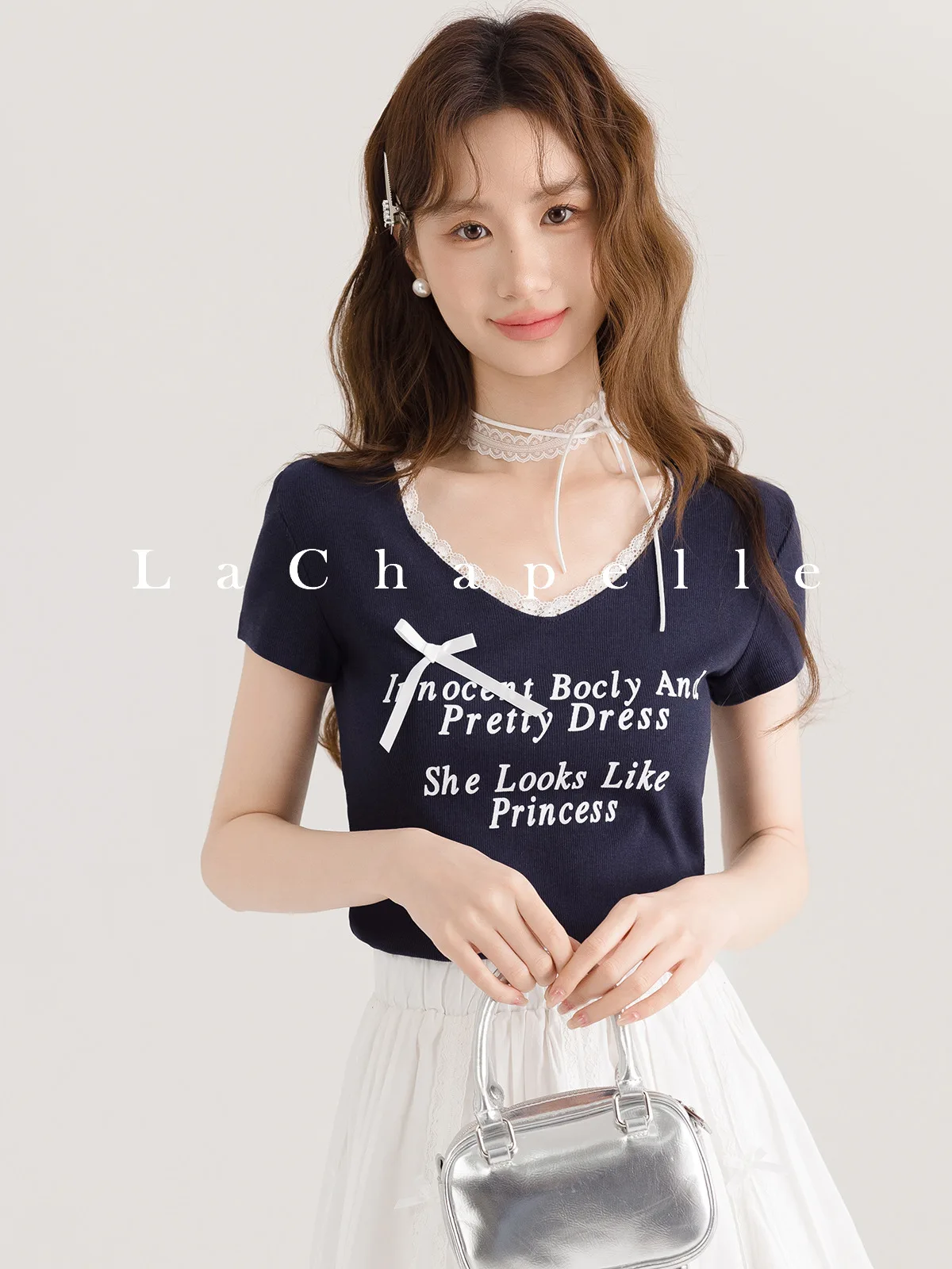 Женская Кружевная футболка с V-образным вырезом и коротким рукавом