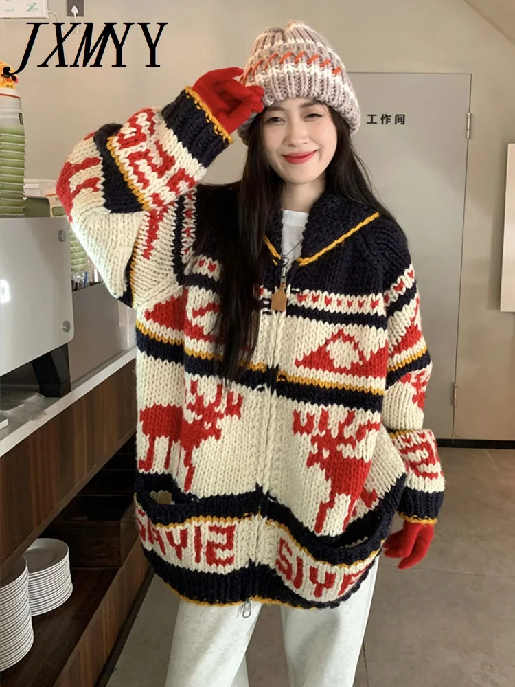 

JXMYY 2023 Fashion New Sweater Coat Women Autumn Winter Lazy Casual Christmas Moose Loose Knit Cardigan