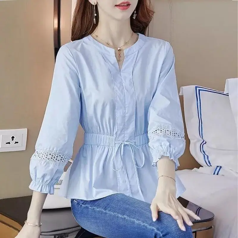 

Women 2022 Spring Autumn Fashion French Cotton Solid Color Shirts Female Loose Shirts Tops Ladies V-neck Casual Blouses J56