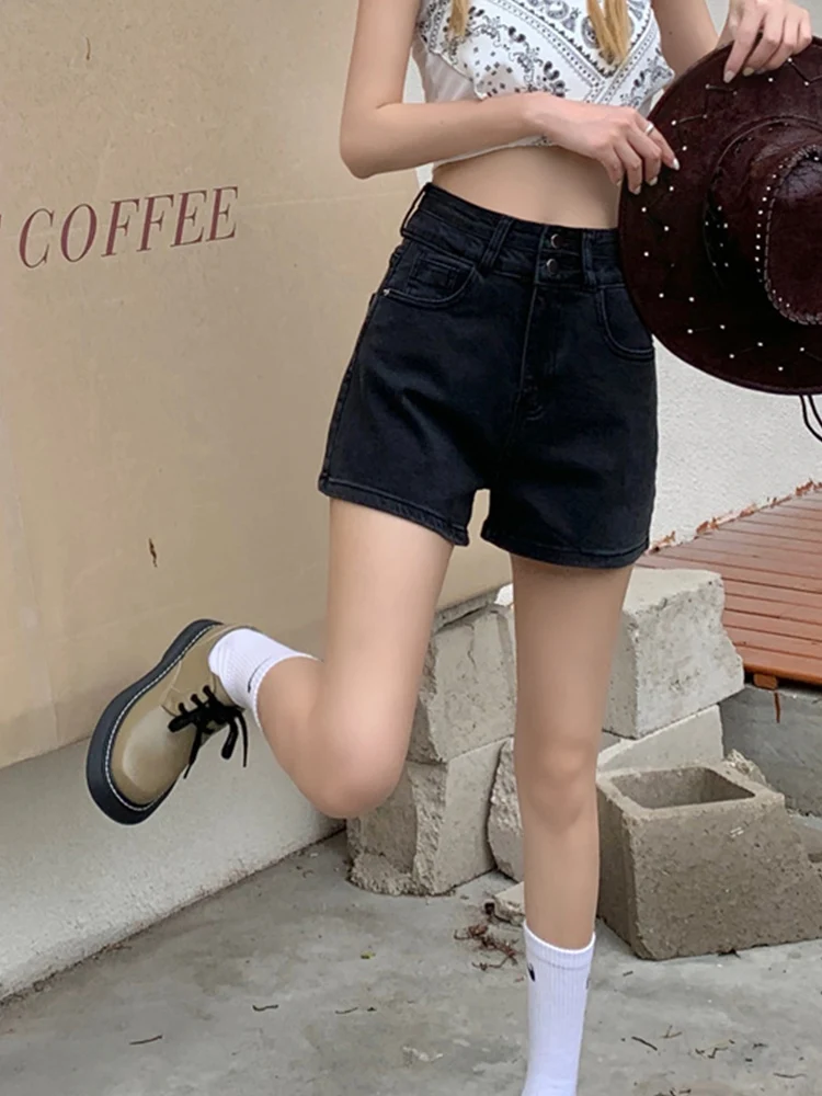 New Spring Summer Women High Waist Slim Fit Denim Shorts Streetwear Female Straight Button Jeans Shorts Bottoms