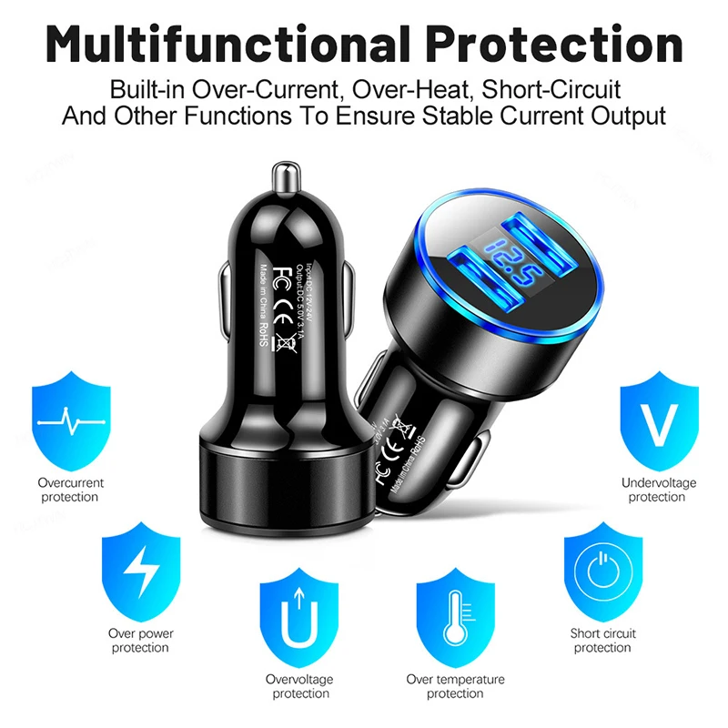 Автомобильное зарядное устройство с двумя USB-портами, LED-дисплеем, выходом 3.1A, адаптер из ABS-пластика, защита от низких температур, для планшетов, смартфонов, iPhone 17, 16 Pro (art.: 3920db57baba7) - 3920db57baba7
