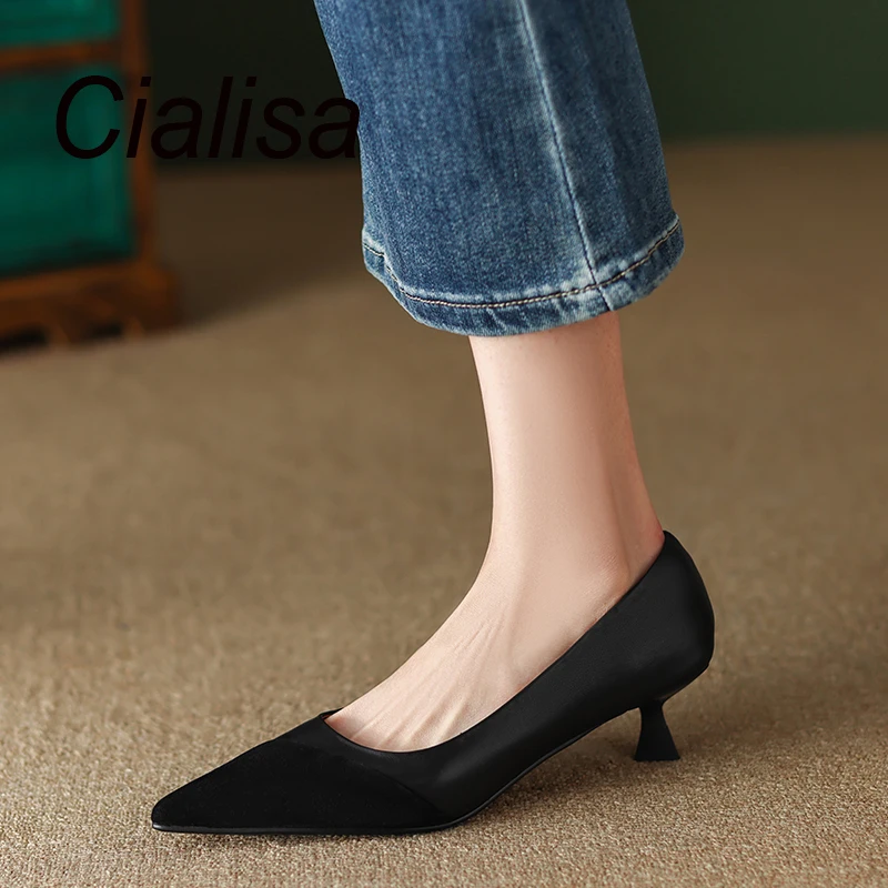 Cialisa 2023 Spring New Women's Shoes Pointed Toe Fashion Pumps Mixed Colors Genuine Leather Mid Heels Party Dress Lady Footwear