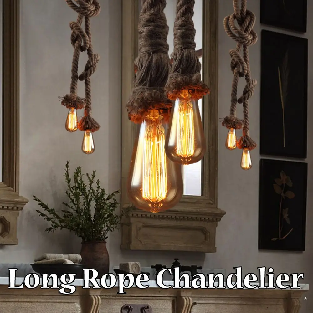 

Retro Long Rope Chandelier Rustic Pendant Droplight Double Head Wall Light Fixture