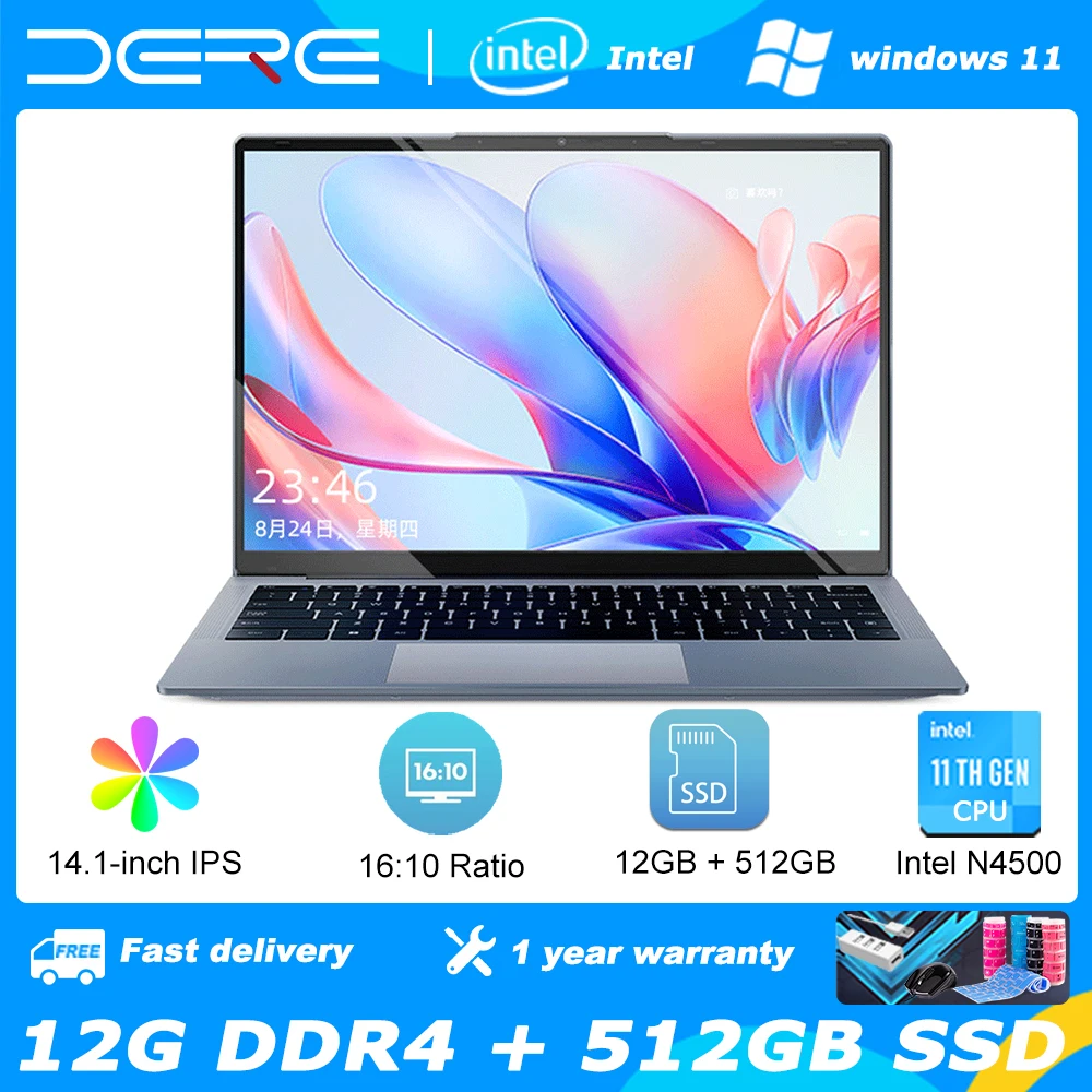 

Ноутбук DERE R14, 14 дюймов, Intel Celeron N4500 IPS 16:10, 12 Гб ОЗУ + 512 Гб SSD, развлекательный офисный учебный ноутбук с Windows 11