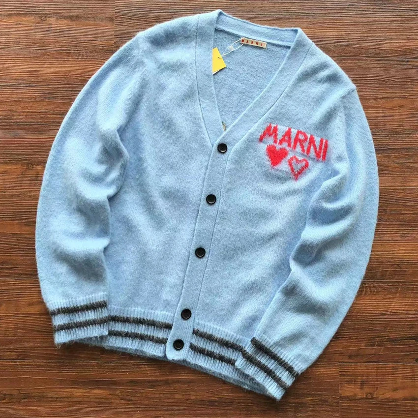 

New 2023fw MARNI Mohair Jacquard Sweater Men Women Cardigan V-neck Knit Rabbit Exclusive Sweatshirts