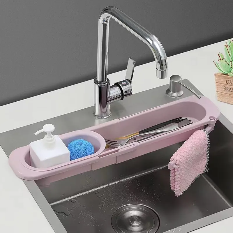 

Telescopic Sink Shelf Kitchen Self Draining Rack Soap Sponge Storage Basket Holder Rag Towel Bar Household Supplies
