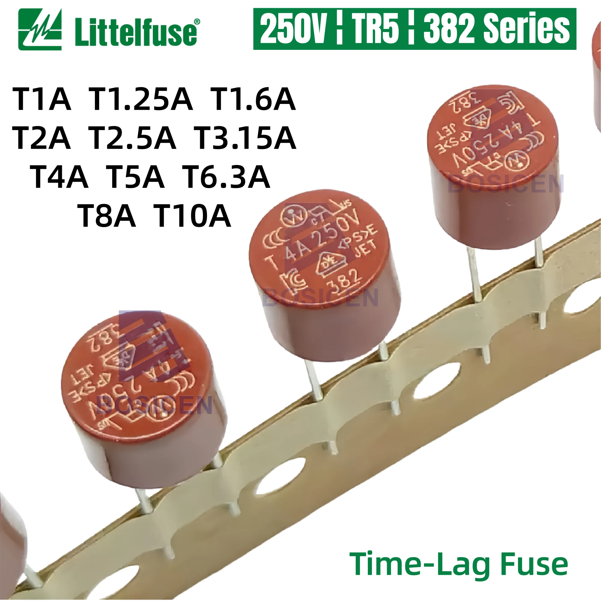 

10 шт. цилиндрических плавких предохранителей Littelfuse 382 250V TR5 с задержкой действия для монтажа на печатную плату