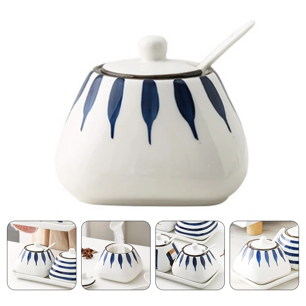 

1Pc Ceramic Spice Jar Creative Pattern Condiment Jar with Spoon Lid (White)