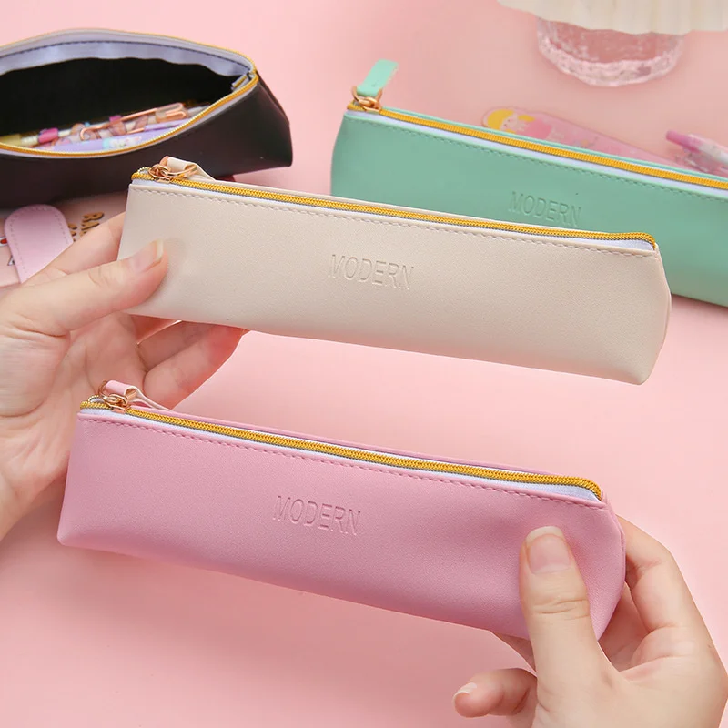 

Student Pencil Bag New Leather Solid Color Pencil Storage Bag Korean Version Candy Color Pencil Case Learning Stationery