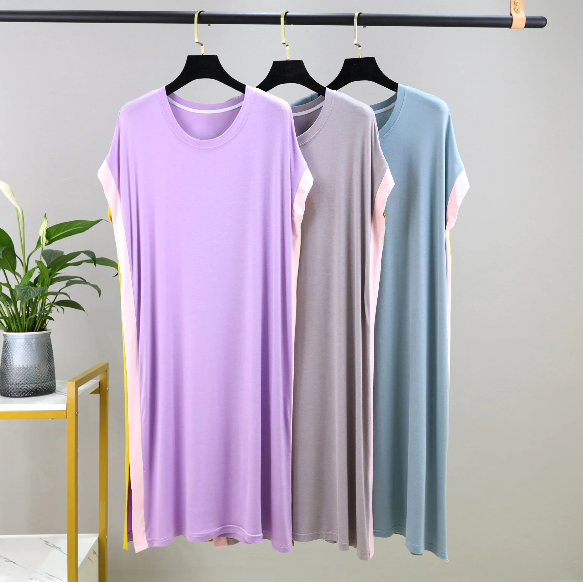 Modal Side White Stripe Color Nightgowns Fashion Plus Size Nightdress Summer Thin Round Neck Batwing Short Sleeve Sleeping Dress