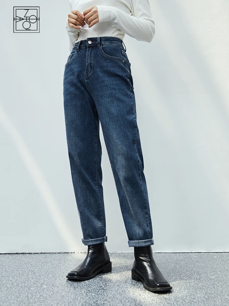 

Женские зимние темно-синие джинсы ZIQIAO с бархатной подкладкой, женские хлопковые универсальные укороченные джинсовые брюки