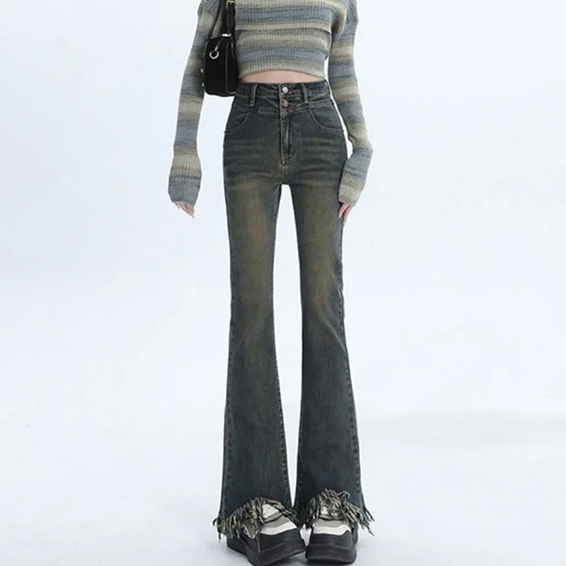 Женские эластичные уличные расклешенные джинсы с высокой талией женские