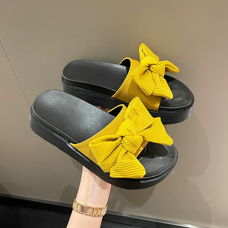 

Shoes Women Ladies' Slippers Butterfly-Knot Platform Pantofle Med Shale Female Beach Soft 2022 Summer Flat Sabot Slides Rubber