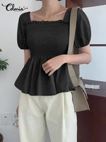 celmia korea style blouses women solid puff short sleeves tops fashion fold stitching shirt vintage square collar holiday tunics