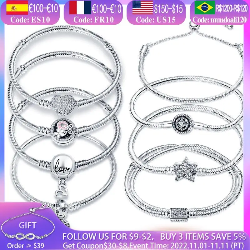 

Hot Sale 100% Real 925Silver Bracelet Fit Original Design Beads Charms Bangle DIY Jewelry Making Gift For Women