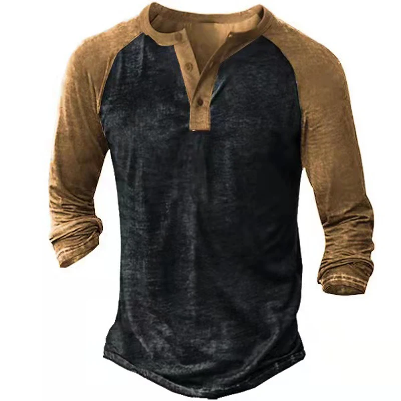 

2022 Spring T-shirts For Men Vintage Splicing Printed Buttoned V-Neck Tops Casual Loose Long Sleeve Tee Mens Fashion Pullover