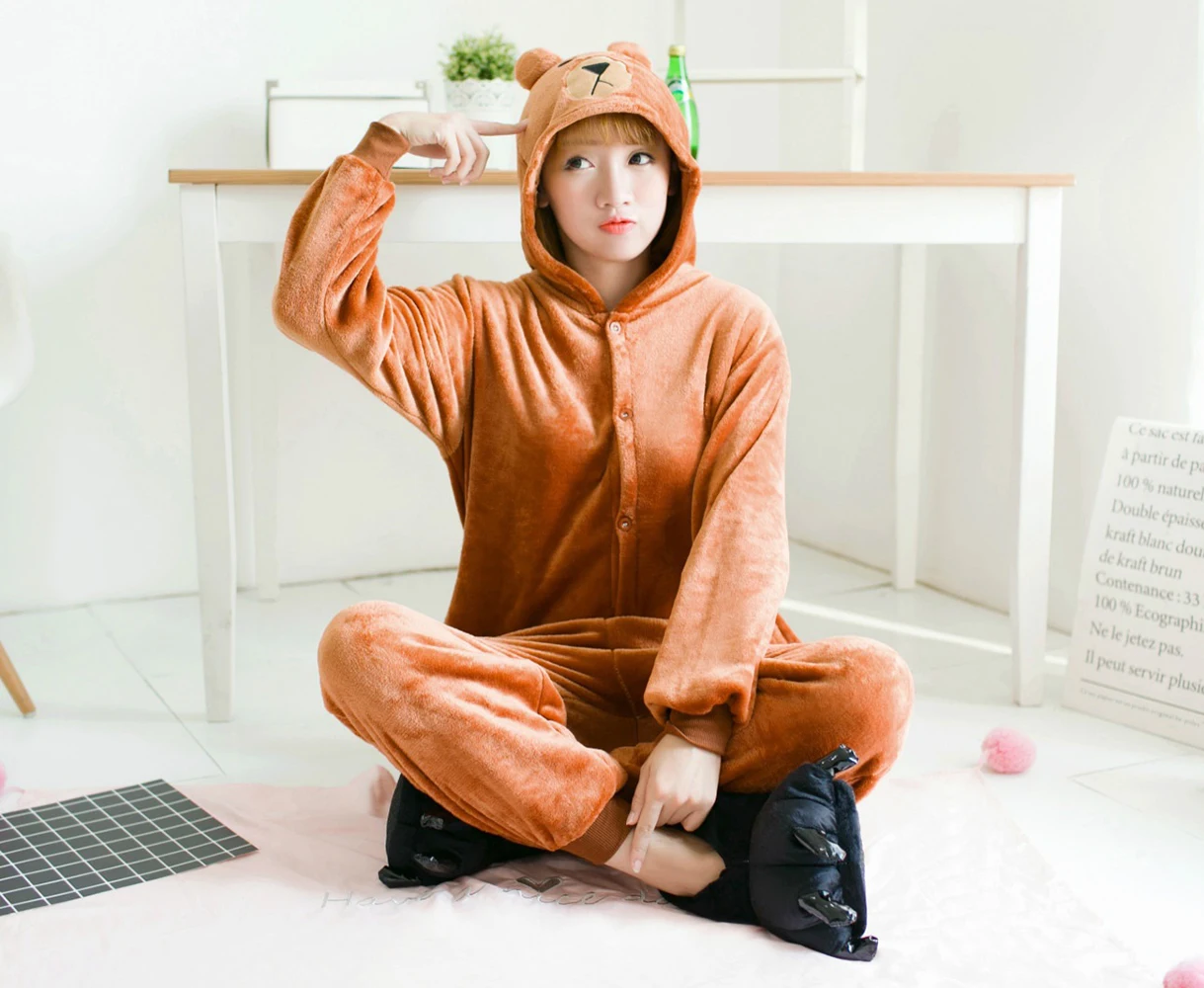 Unisex Winter One-Piece Cartoon Brown Bear Pajamas With Two Round Ears And A Short Tail Polyester Warm Comfort Sleepwear Cosplay