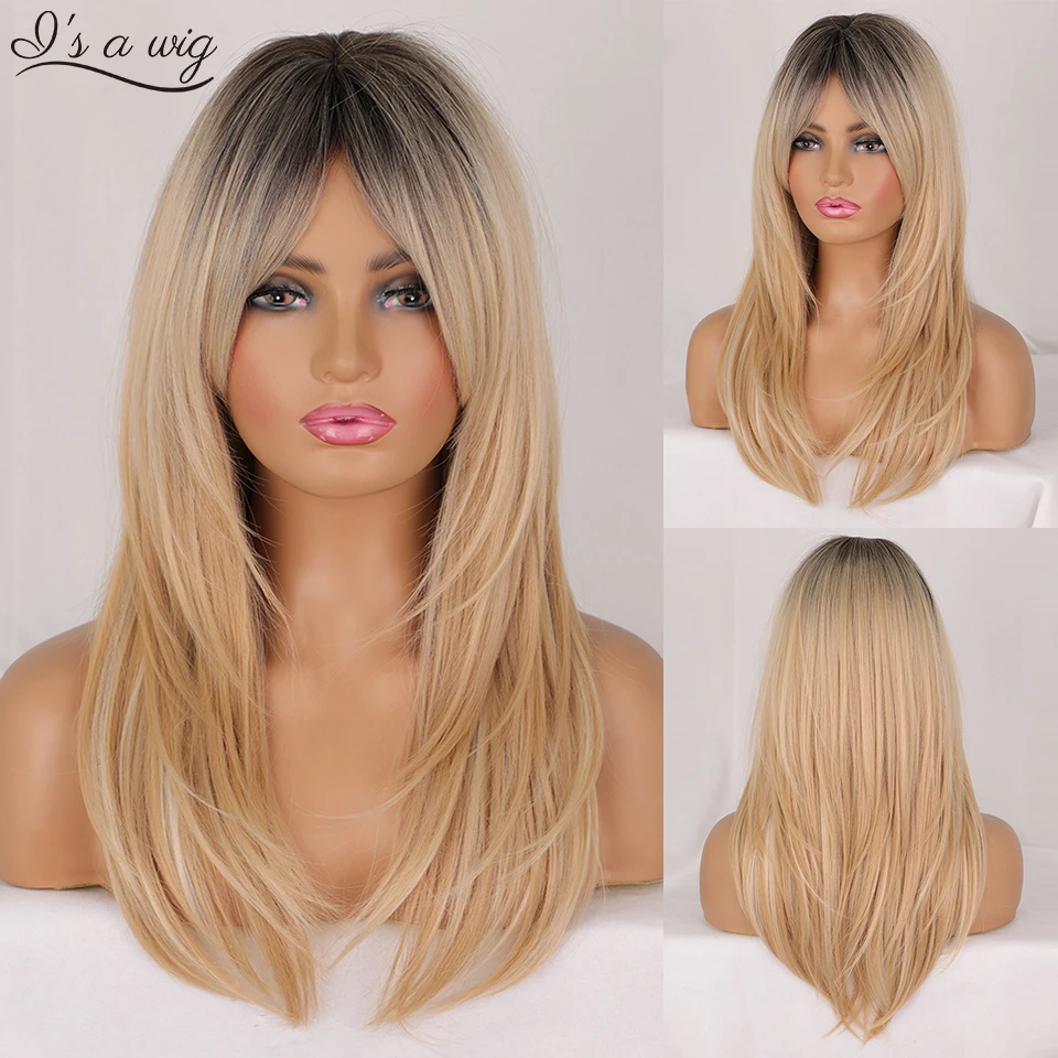 

I's a wig Synthetic Wigs for Women Long Ombre Blonde Wigs with Bangs Middle Length Layered Wigs with Dark Roots for Daily Use