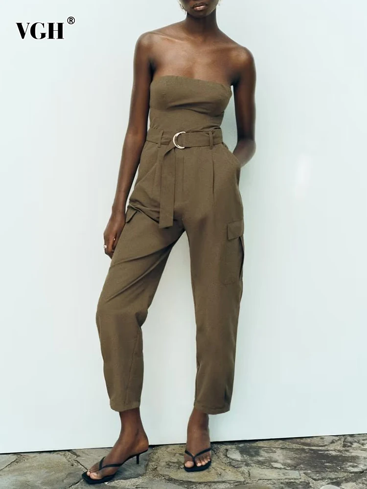 

Женский комбинезон с поясом VGH, однотонный повседневный комбинезон с воротником-лодочкой и высокой талией, комбинезоны без бретелек с карманами, Новинка
