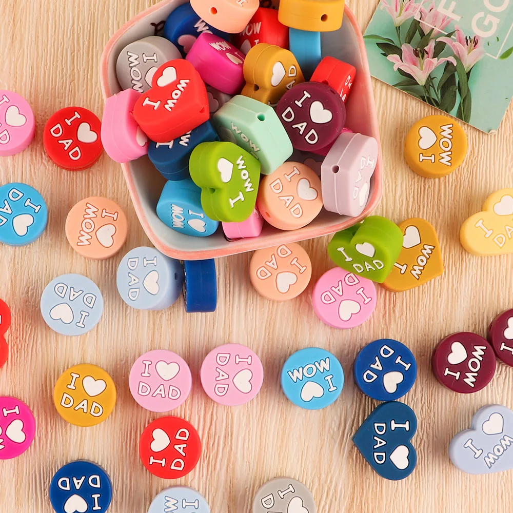 

5/10Pcs Heart Shape I LOVE MOM Dad Round Shape Silicone Beads For Jewelry Making Bulk DIY Pacifier Chain Necklace Accessories