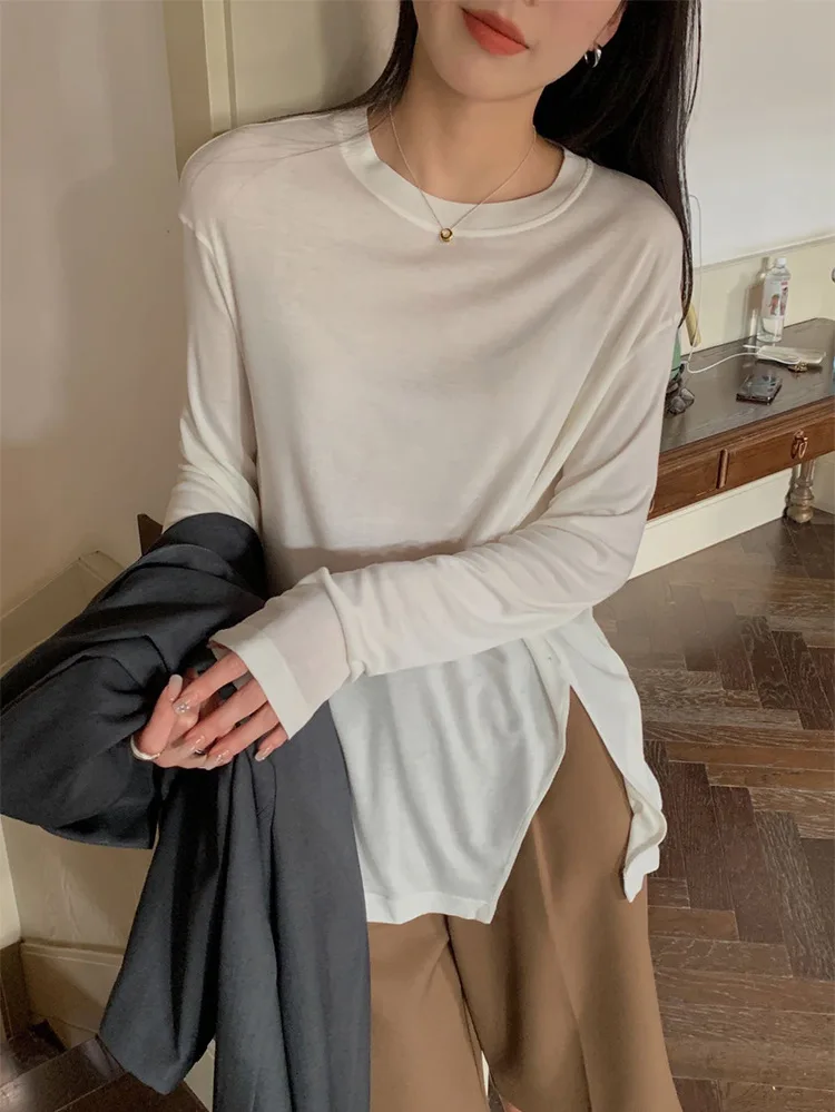 

Spring Summer Women's Casual Solid Round Neck Long Sleeve Loose Fit T-Shirt