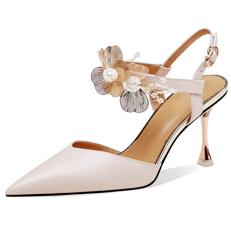 

[Enmayer] 2023 новые модные женские туфли с ремешком на пятке из натуральной кожи женские сандалии с ремешком на пятке сандалии на тонком высоком каблуке с цветком