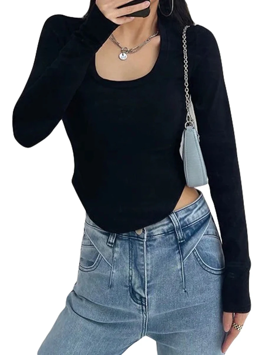 

Однотонные базовые футболки, базовый топ Y2K, наряд, Женская туника с круглым вырезом, повседневные топы с длинным рукавом