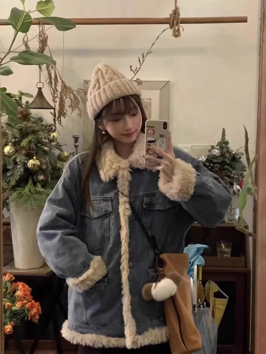 Japan fashion Retro Lamb Wool Denim coat Women Winter Thickened 2024 New High Sense Casual All-matching Quilted Cotton-padded... |